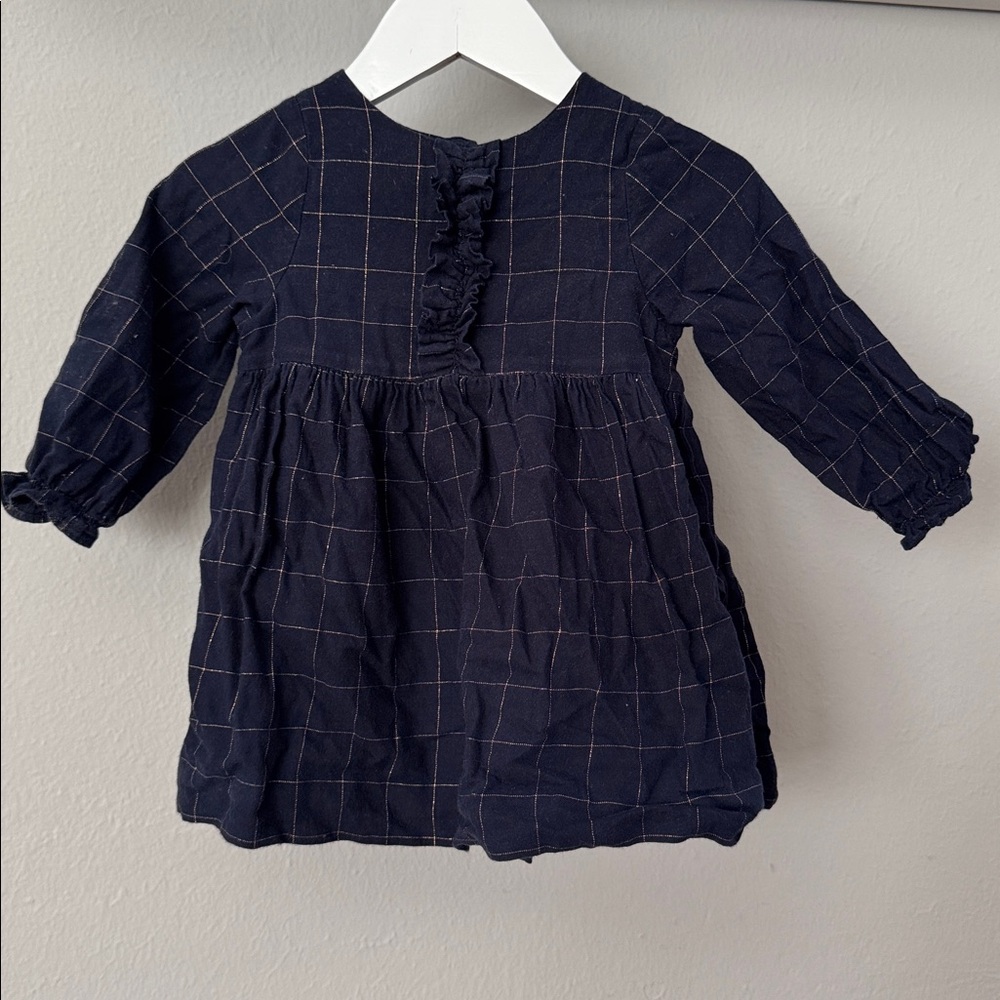 Jacadi Navy Baby Dress with Gold Check Pattern size 18M